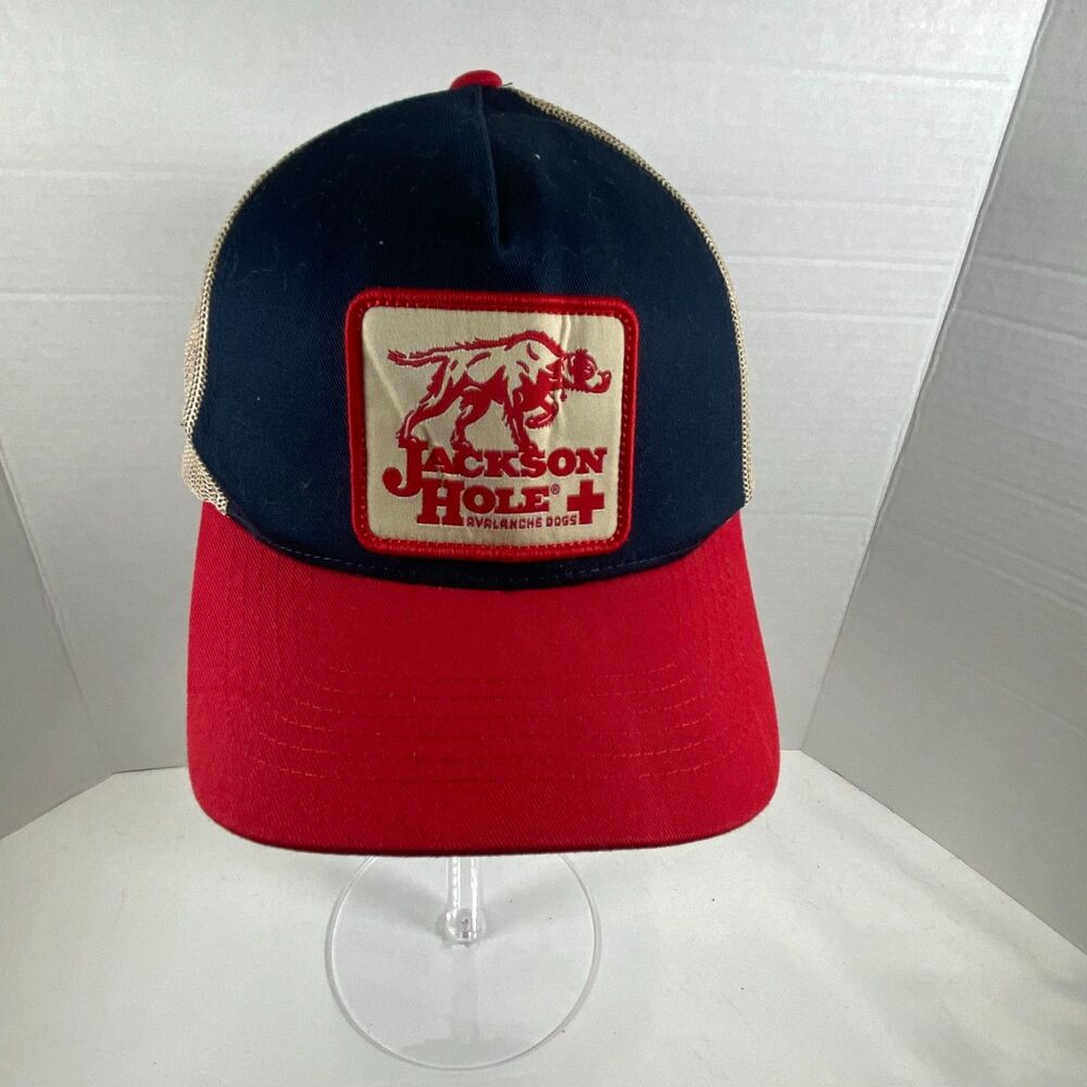 Jackson Hole Avalanche Dogs Trucker Hat Brist Navy Red Tan Patch Snapback Cap